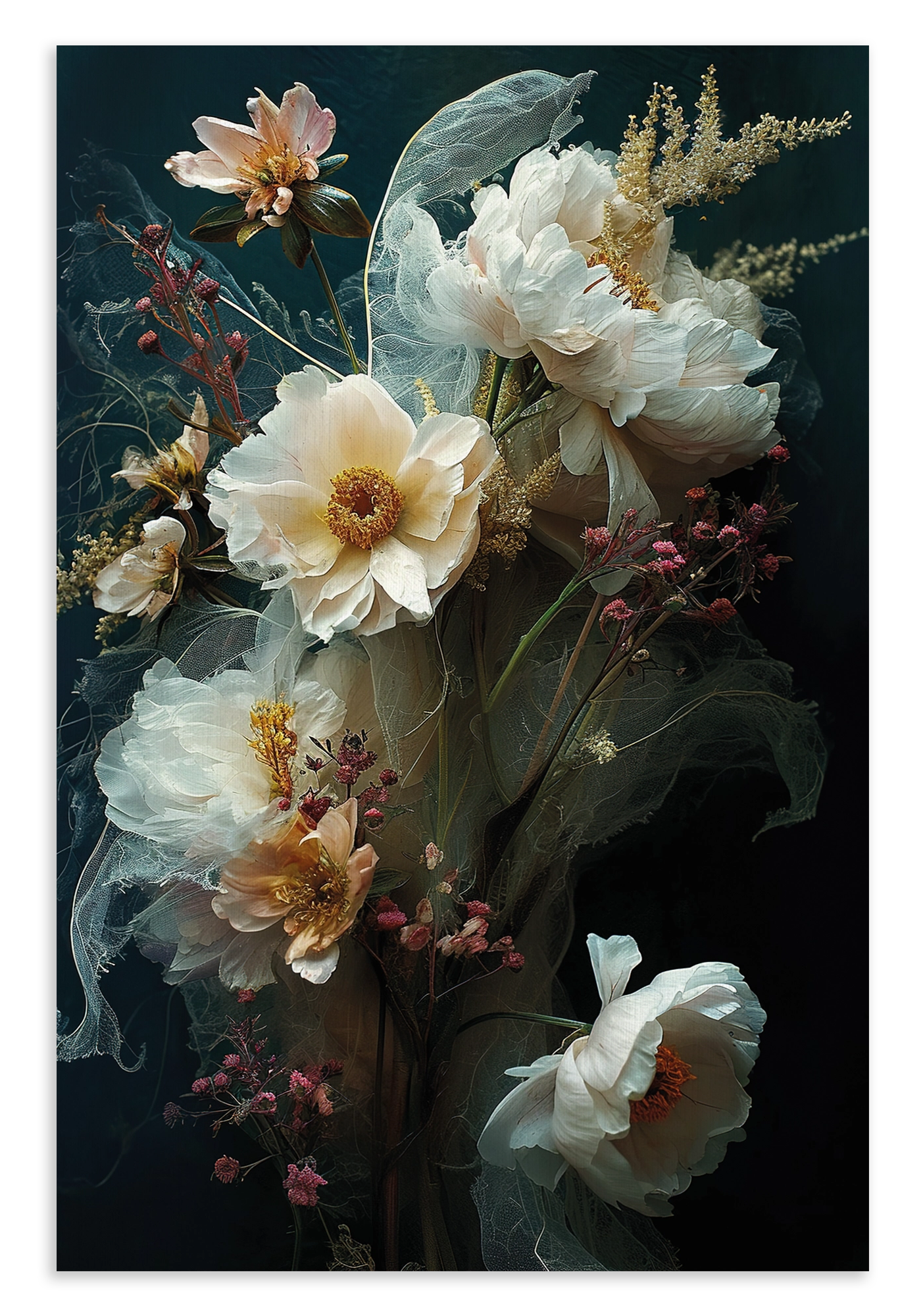 Canvas schilderij Bloemen 14: grote witte bloemen tegen een donkergroene achtergrond.