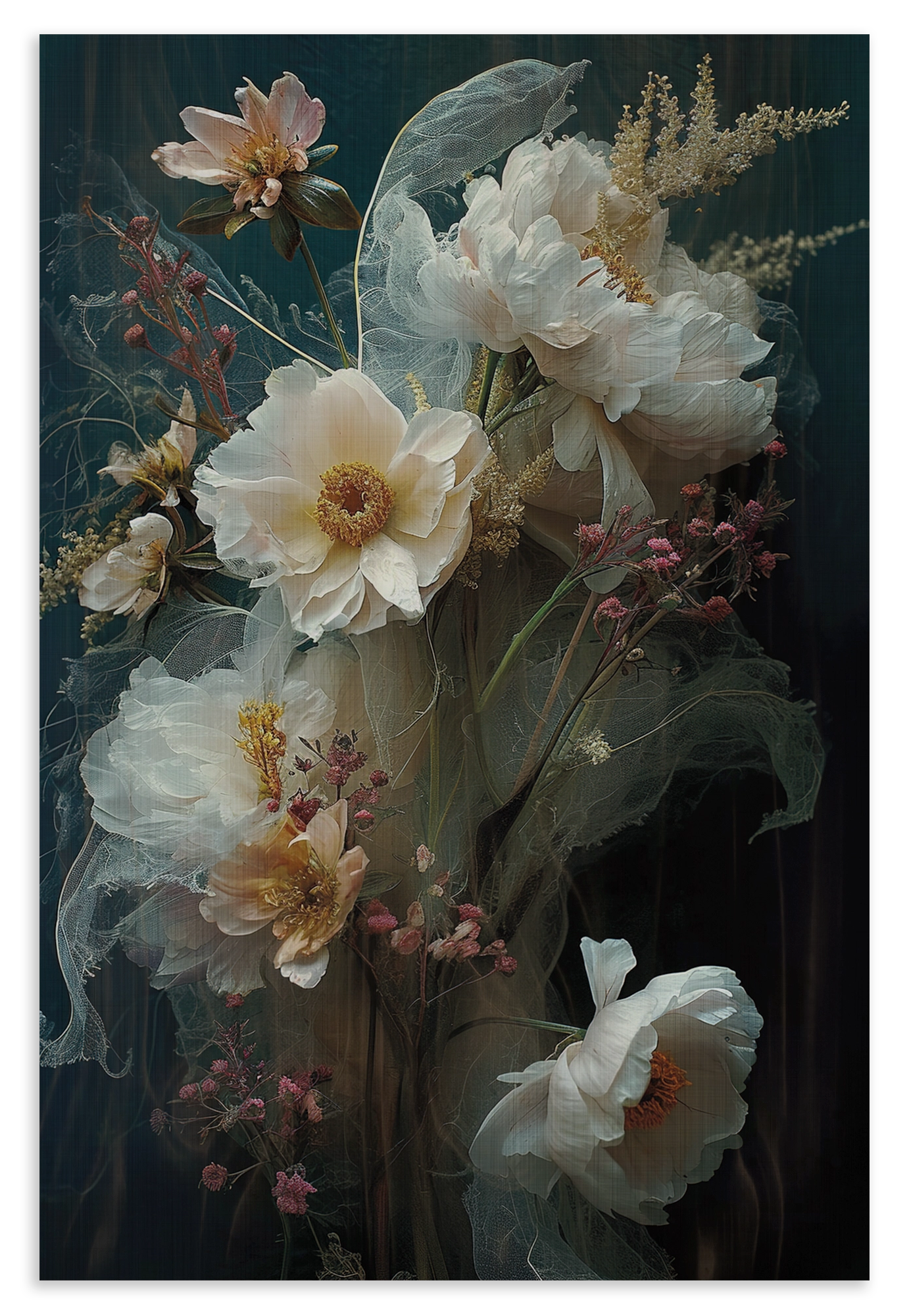 Houten wanddecoratie Bloemen 14: grote witte bloemen tegen een donkergroene achtergrond.