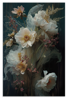 Houten wanddecoratie Bloemen 14: grote witte bloemen tegen een donkergroene achtergrond.