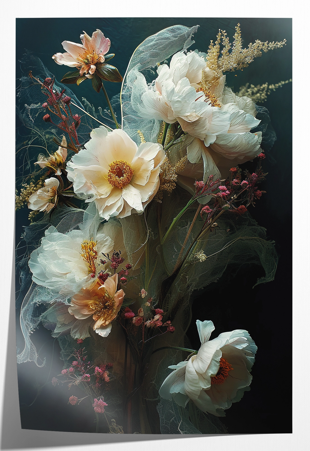 Papieren poster Bloemen 14: grote witte bloemen tegen een donkergroene achtergrond.