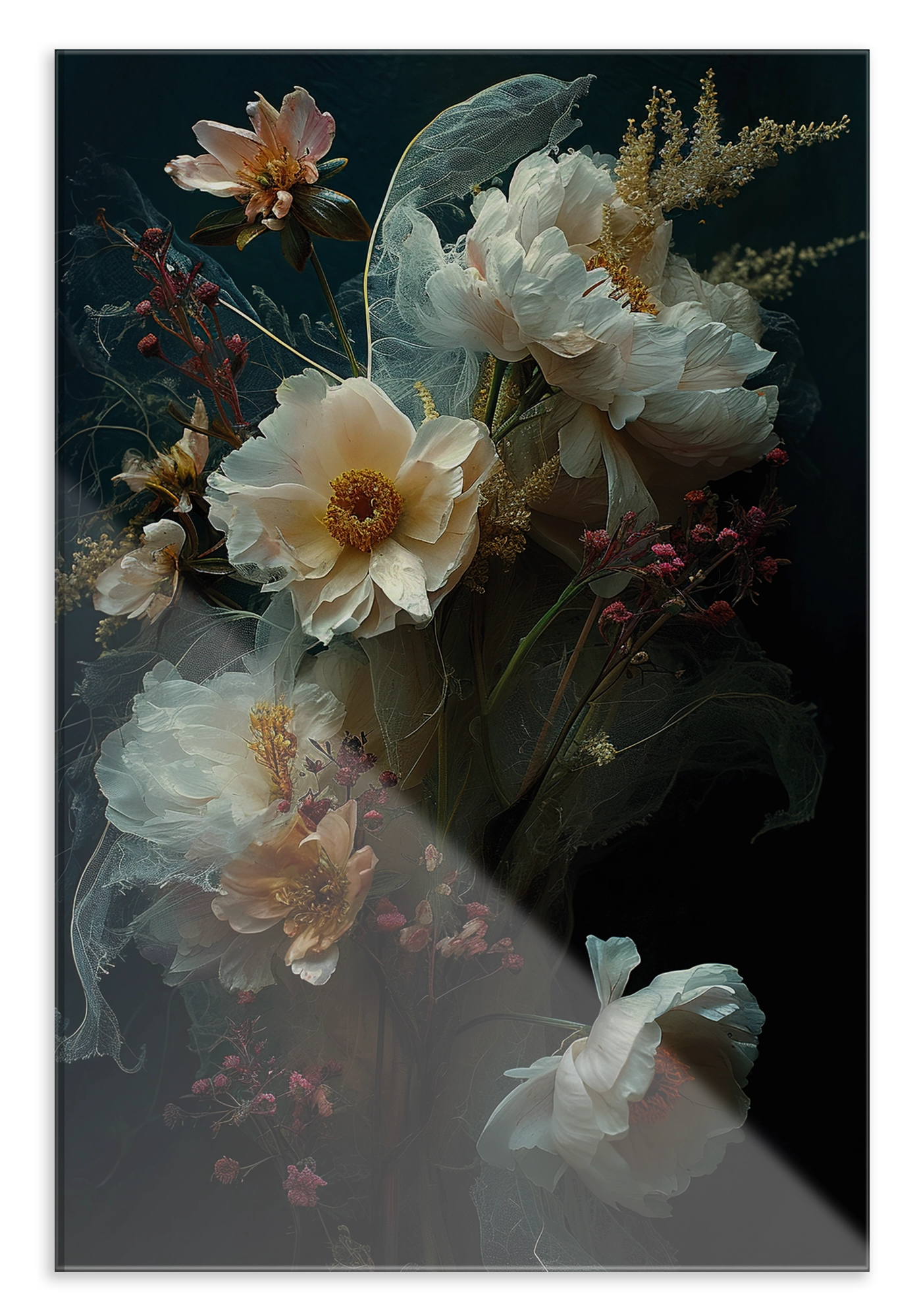 Plexiglas schilderij Bloemen 14: grote witte bloemen tegen een donkergroene achtergrond.