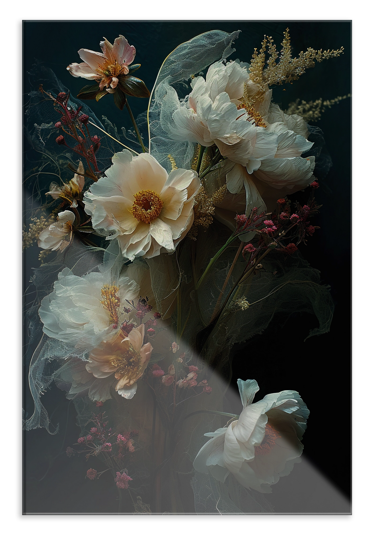 Plexiglas schilderij Bloemen 14: grote witte bloemen tegen een donkergroene achtergrond.