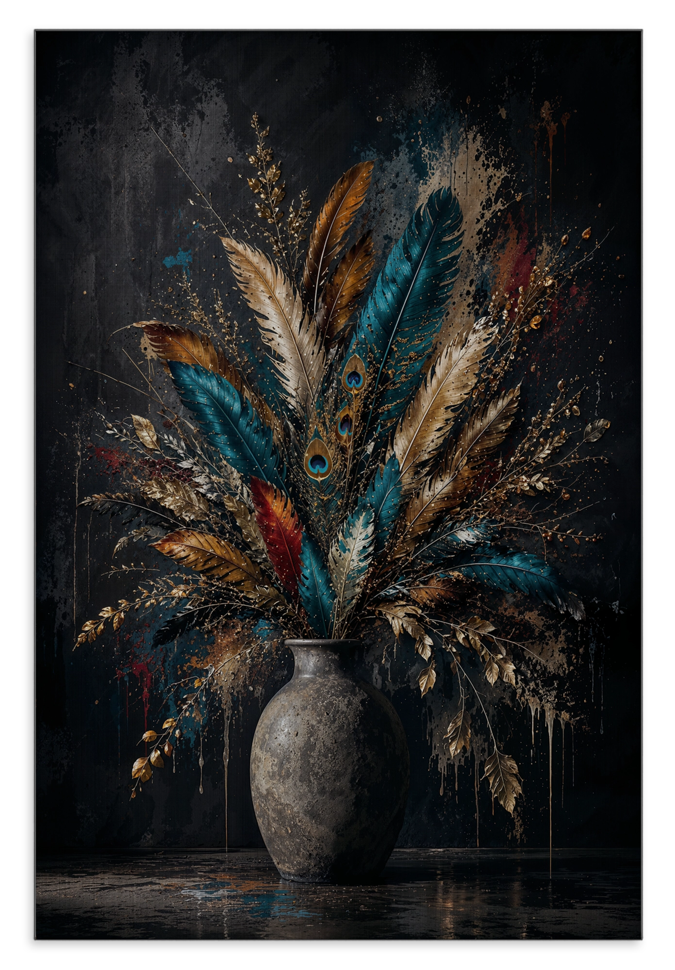 Aluminium Dibond schilderij Bloemen 22: boeket met blauwgroene veren en goudkleurige pluimen in een vaas.