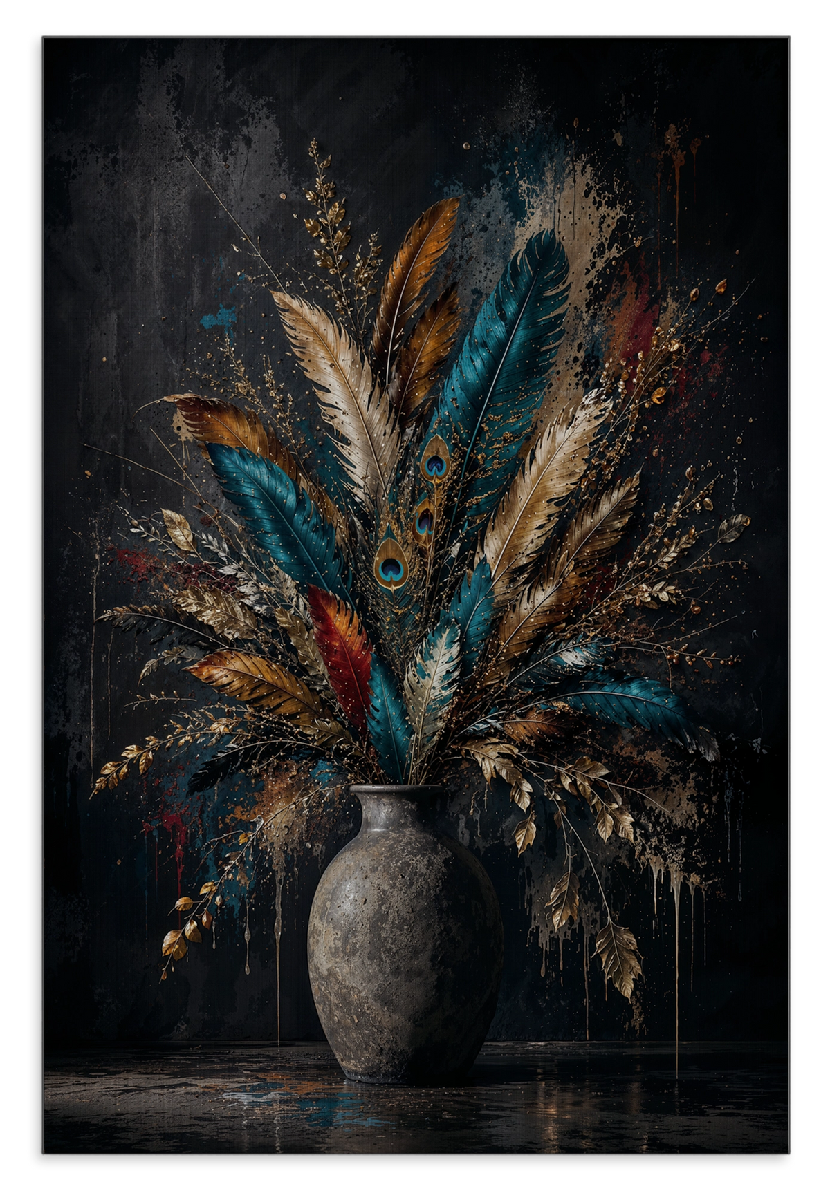 Aluminium Dibond schilderij Bloemen 22: boeket met blauwgroene veren en goudkleurige pluimen in een vaas.