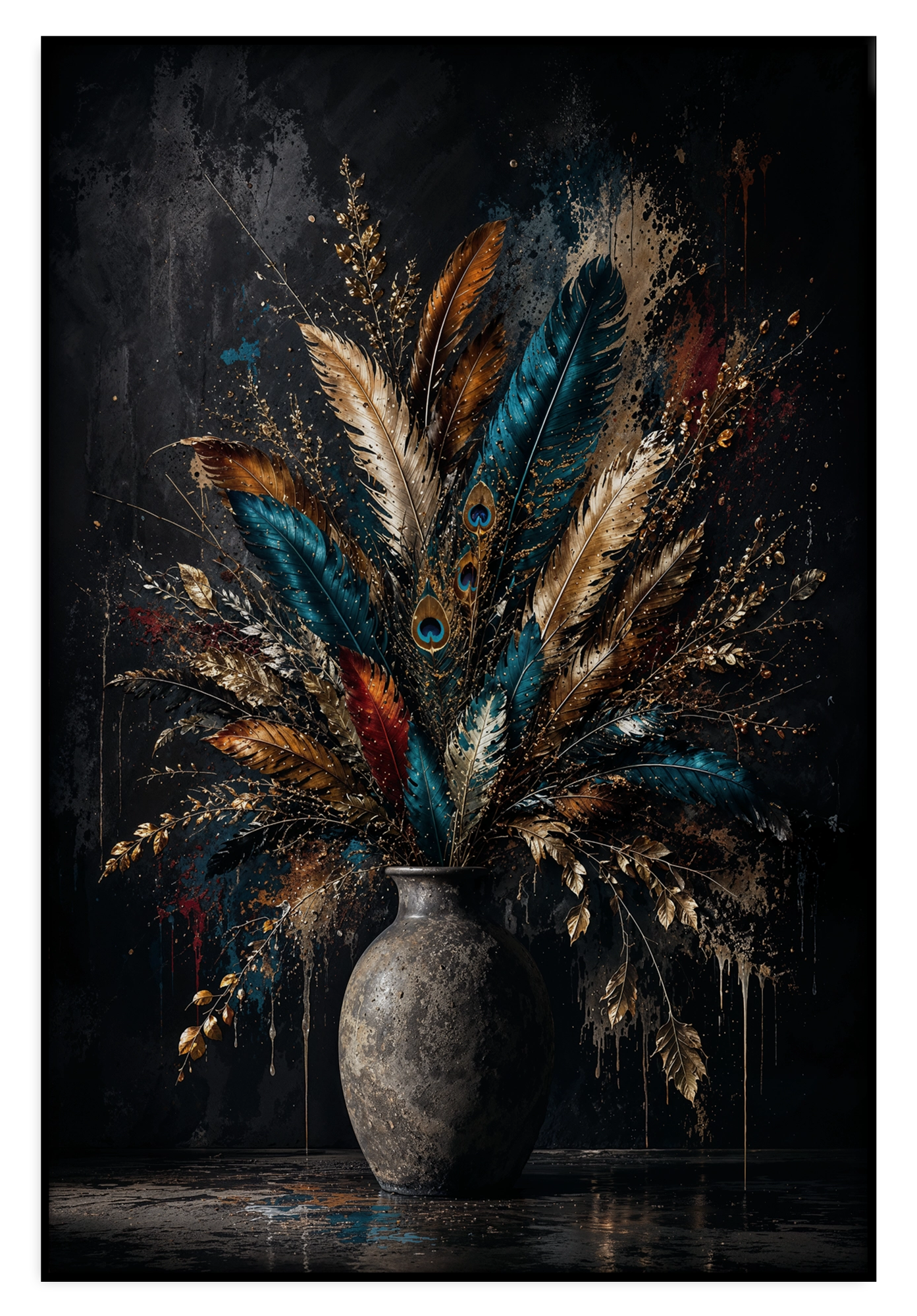 Artframe Bloemen 22: boeket met blauwgroene veren en goudkleurige pluimen in een vaas.