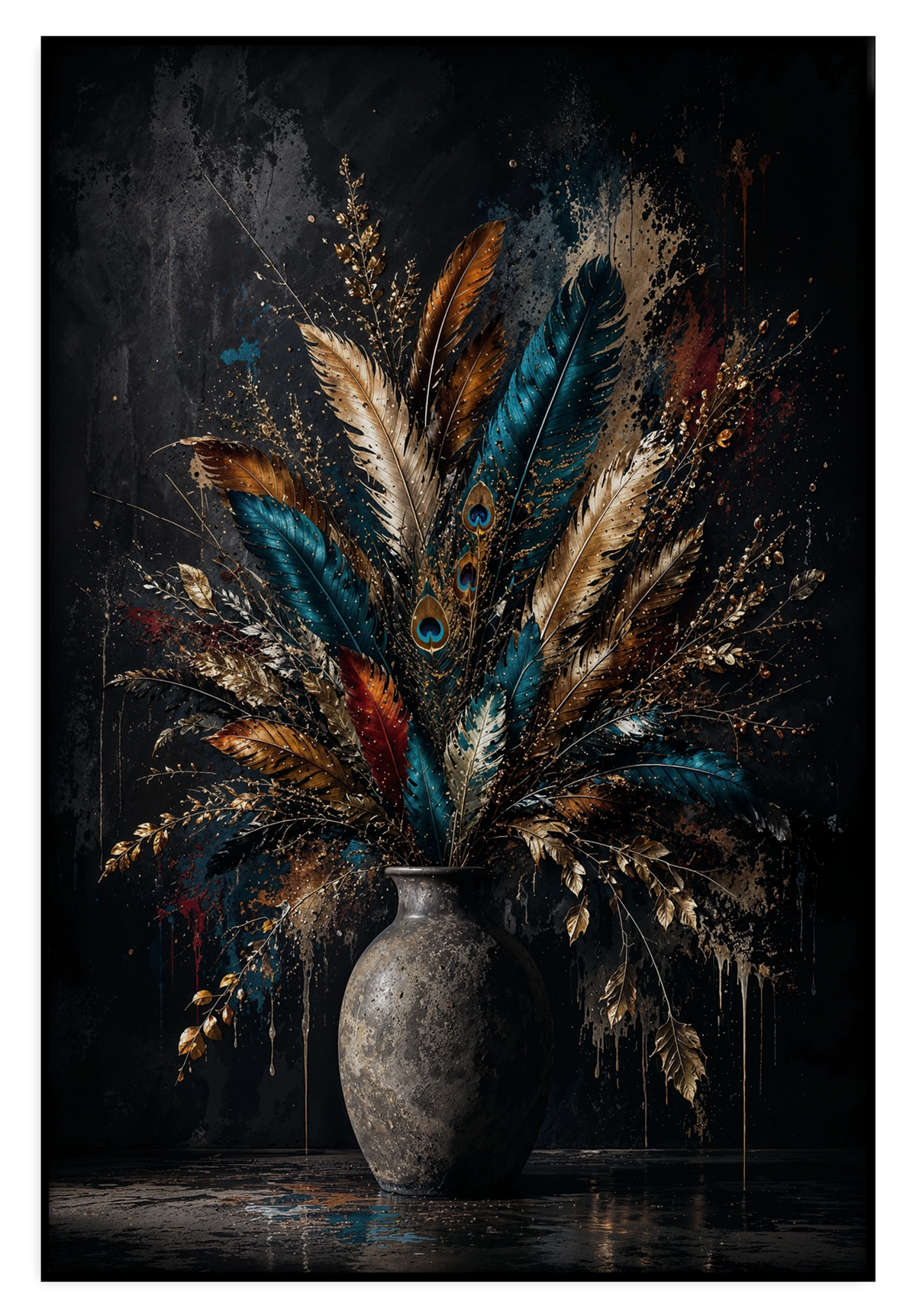 Artframe Bloemen 22: boeket met blauwgroene veren en goudkleurige pluimen in een vaas.