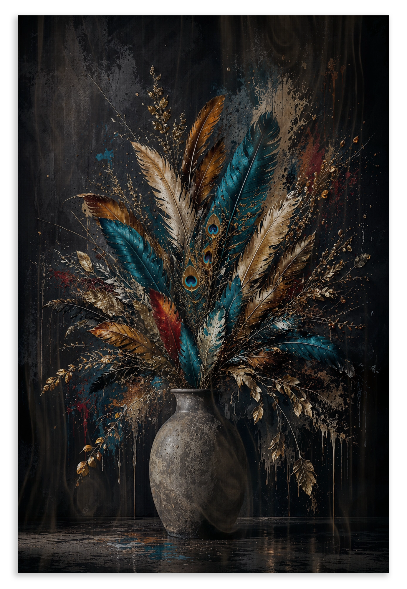 Houten wanddecoratie Bloemen 22: boeket met blauwgroene veren en goudkleurige pluimen in een vaas.