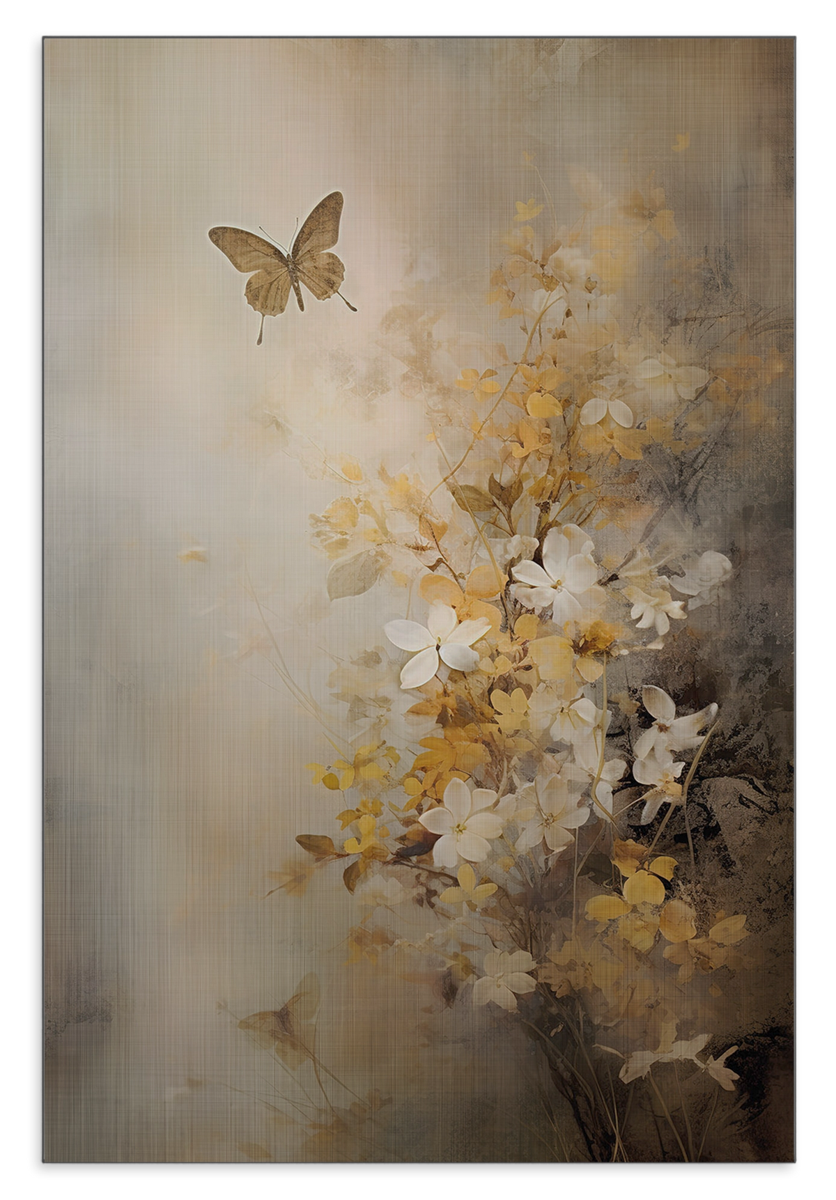 Aluminium Dibond schilderij Bloemen 7: lichte bloemen en een vlinder in zachte beige en gele tinten.