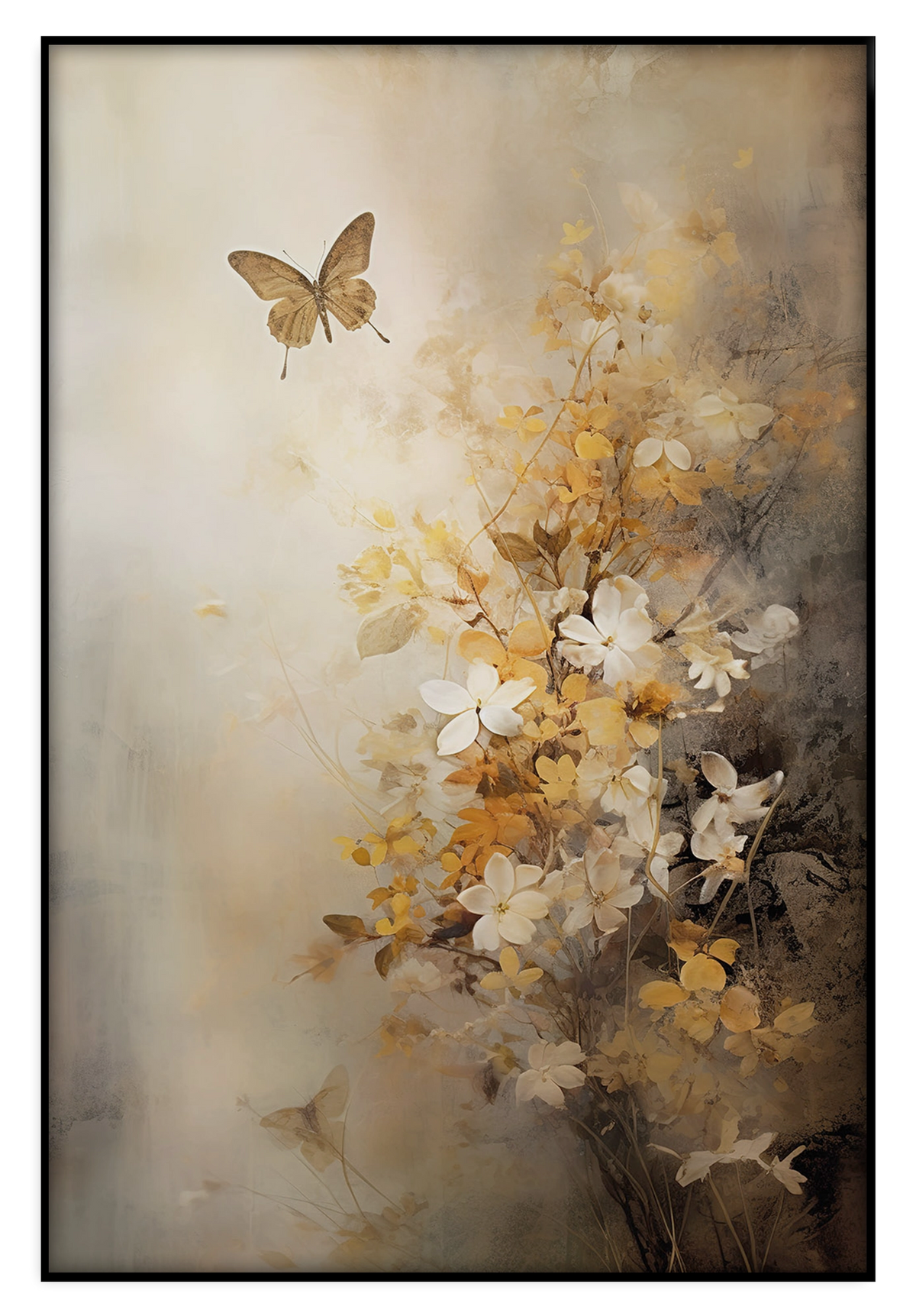 Artframe Bloemen 7: lichte bloemen en een vlinder in zachte beige en gele tinten.