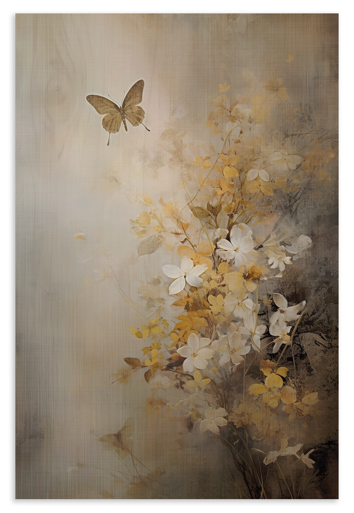 Houten wanddecoratie Bloemen 7: lichte bloemen en een vlinder in zachte beige en gele tinten.