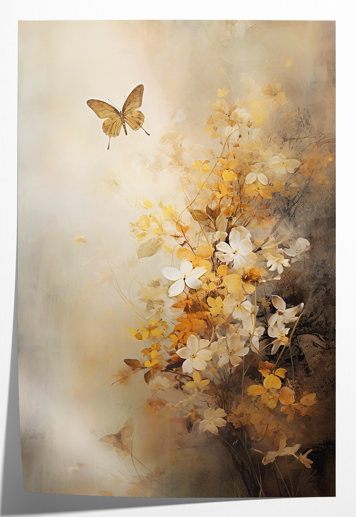 Papieren poster Bloemen 7: lichte bloemen en een vlinder in zachte beige en gele tinten.