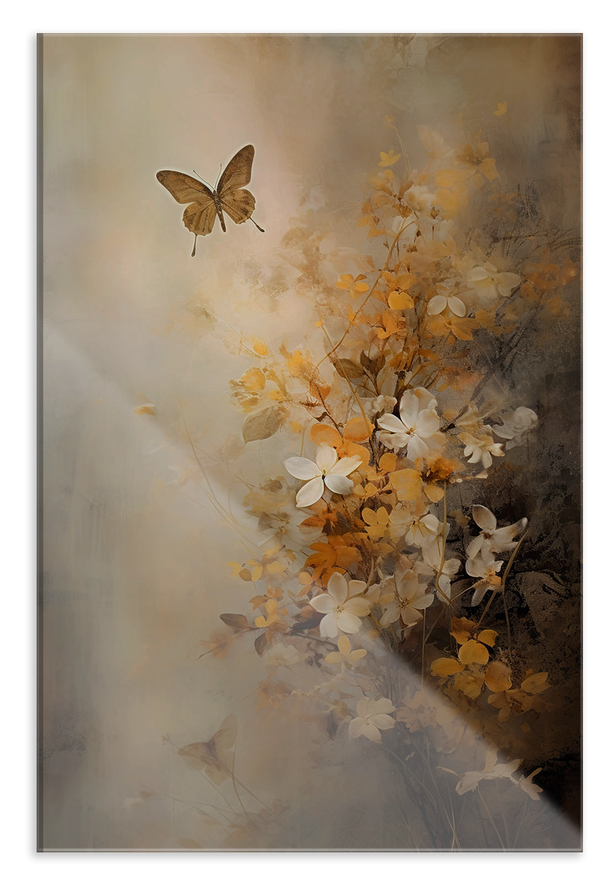 Plexiglas schilderij Bloemen 7: lichte bloemen en een vlinder in zachte beige en gele tinten.