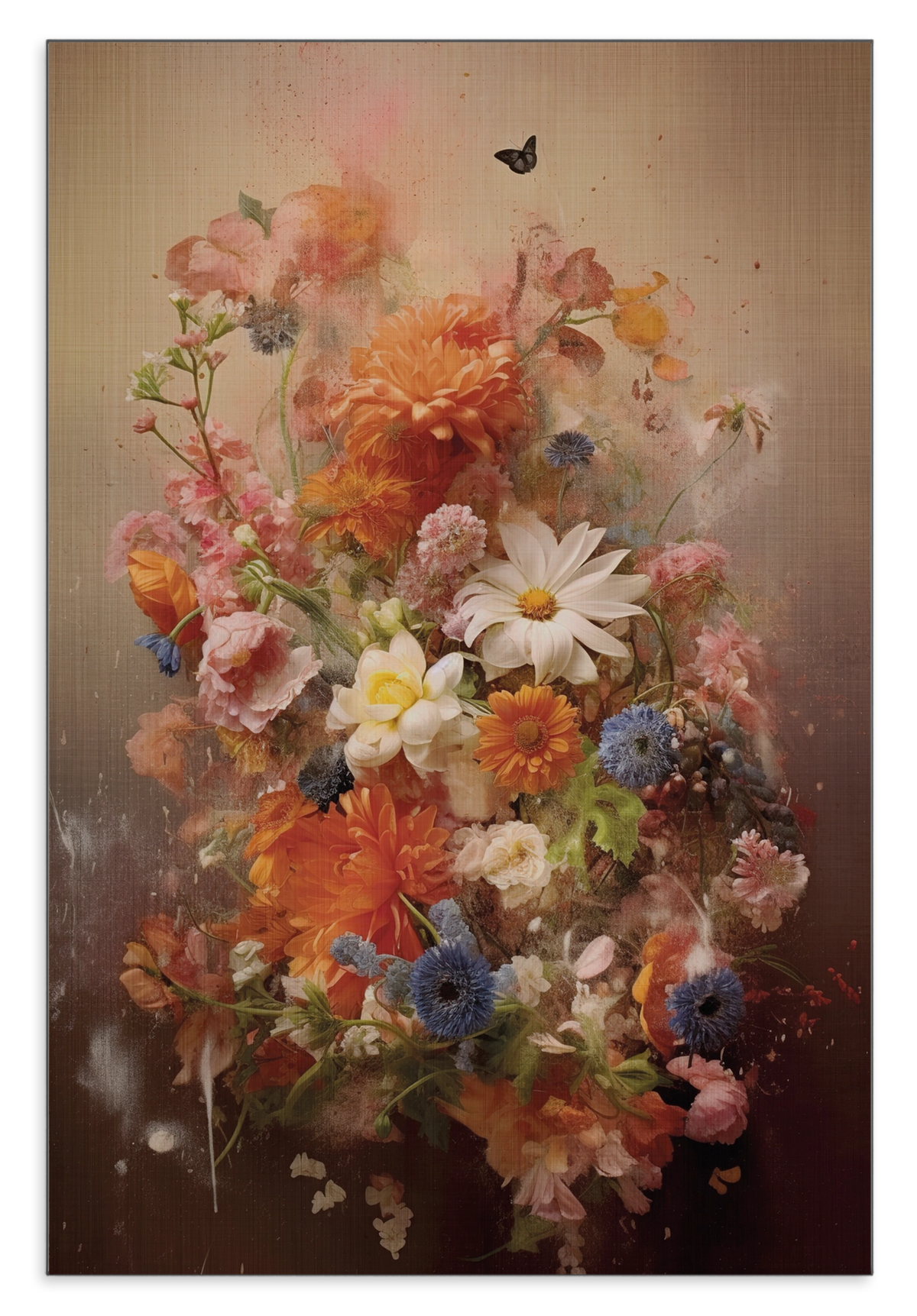 Aluminium Dibond schilderij Bloemen explosie 2: kleurrijk bloemenboeket in warme roze en oranje tinten.