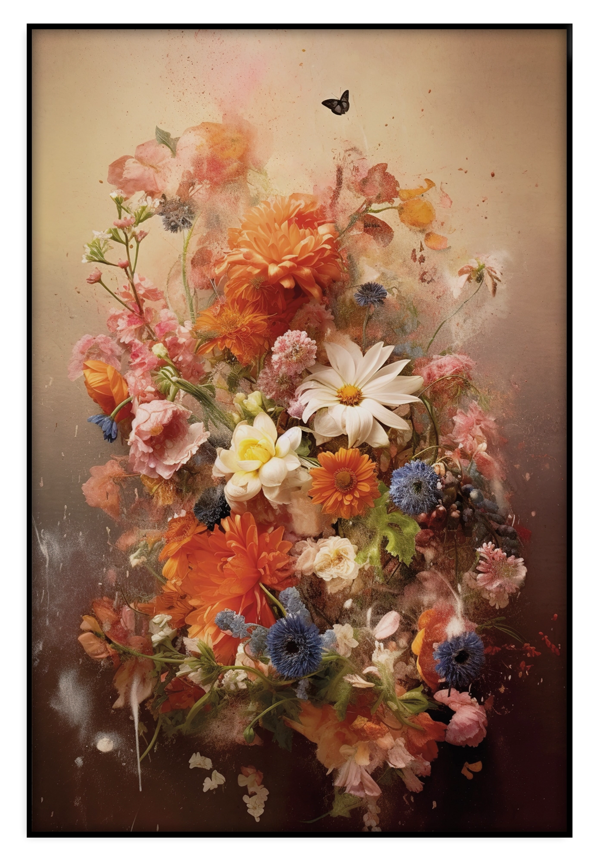 Artframe Bloemen explosie 2: kleurrijk bloemenboeket in warme roze en oranje tinten.