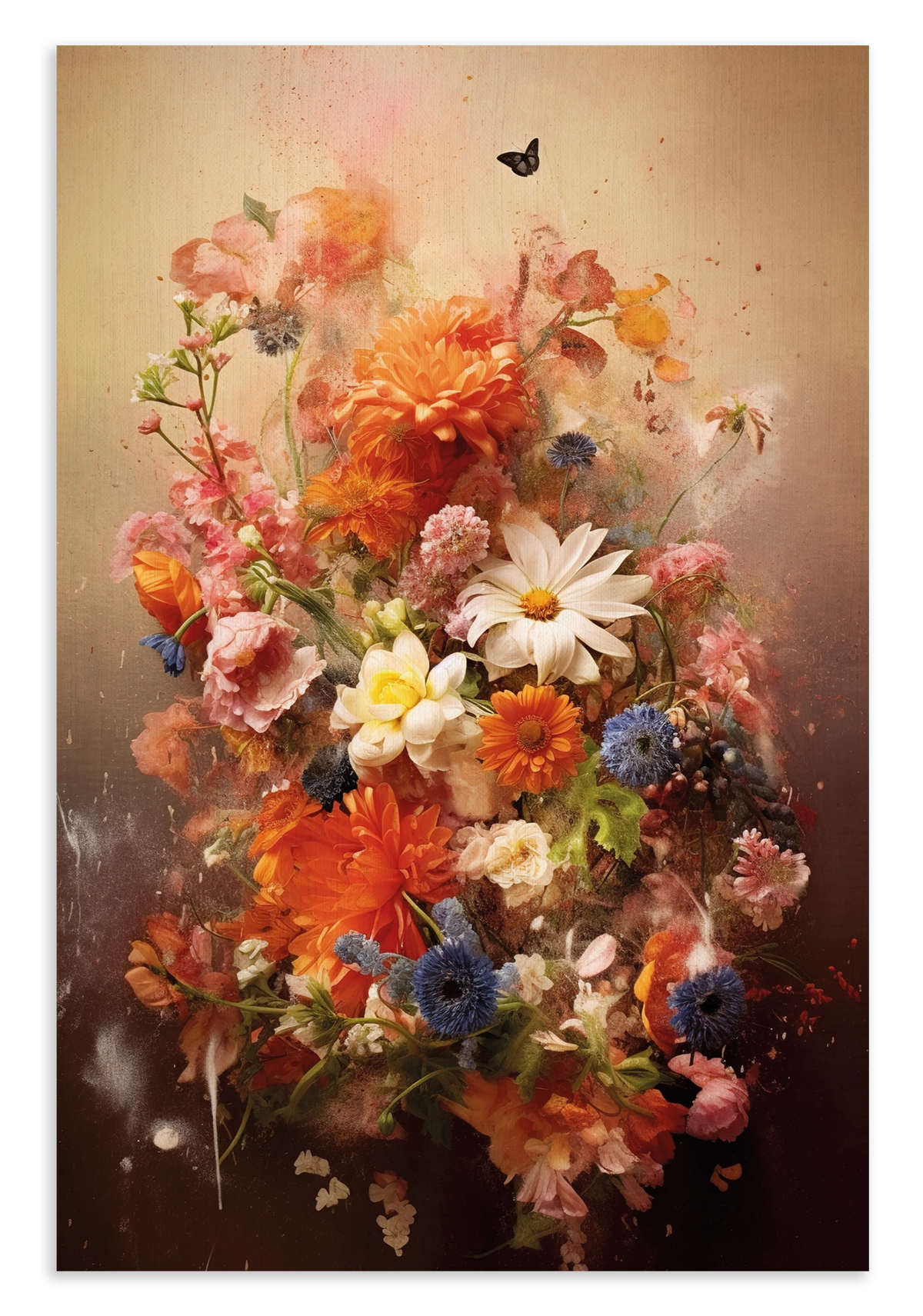 Canvas schilderij Bloemen explosie 2: kleurrijk bloemenboeket in warme roze en oranje tinten.