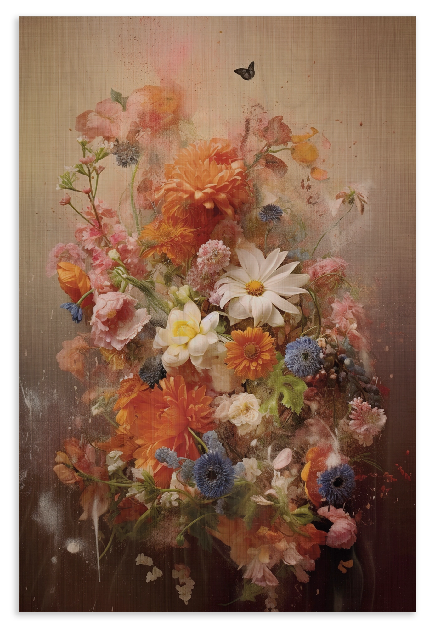 Houten wanddecoratie Bloemen explosie 2: kleurrijk bloemenboeket in warme roze en oranje tinten.