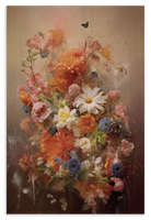 Houten wanddecoratie Bloemen explosie 2: kleurrijk bloemenboeket in warme roze en oranje tinten.