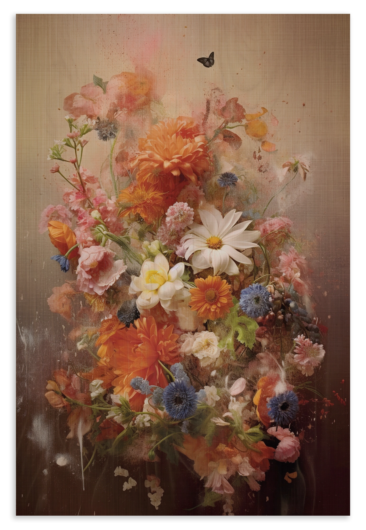 Houten wanddecoratie Bloemen explosie 2: kleurrijk bloemenboeket in warme roze en oranje tinten.
