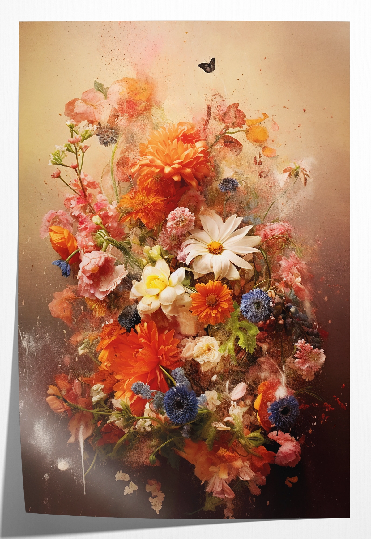 Papieren poster Bloemen explosie 2: kleurrijk bloemenboeket in warme roze en oranje tinten.