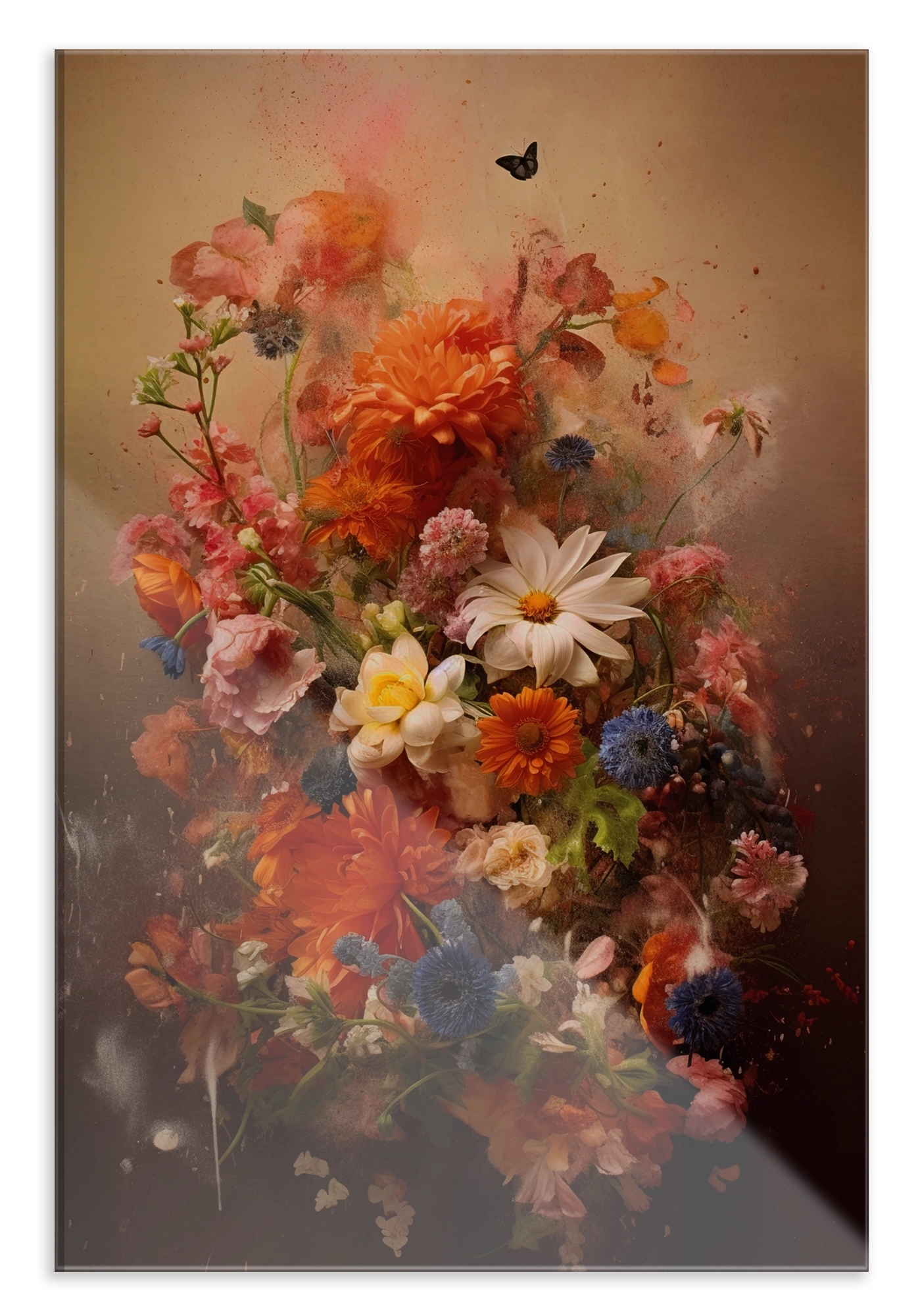 Plexiglas schilderij Bloemen explosie 2: kleurrijk bloemenboeket in warme roze en oranje tinten.
