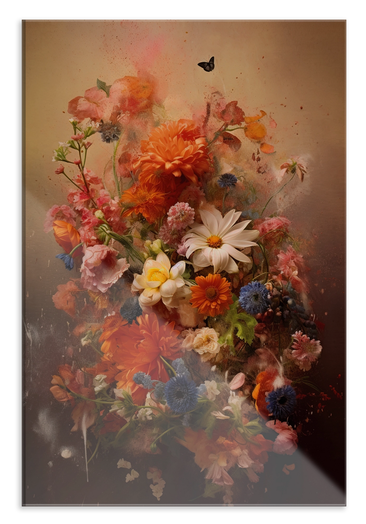 Plexiglas schilderij Bloemen explosie 2: kleurrijk bloemenboeket in warme roze en oranje tinten.