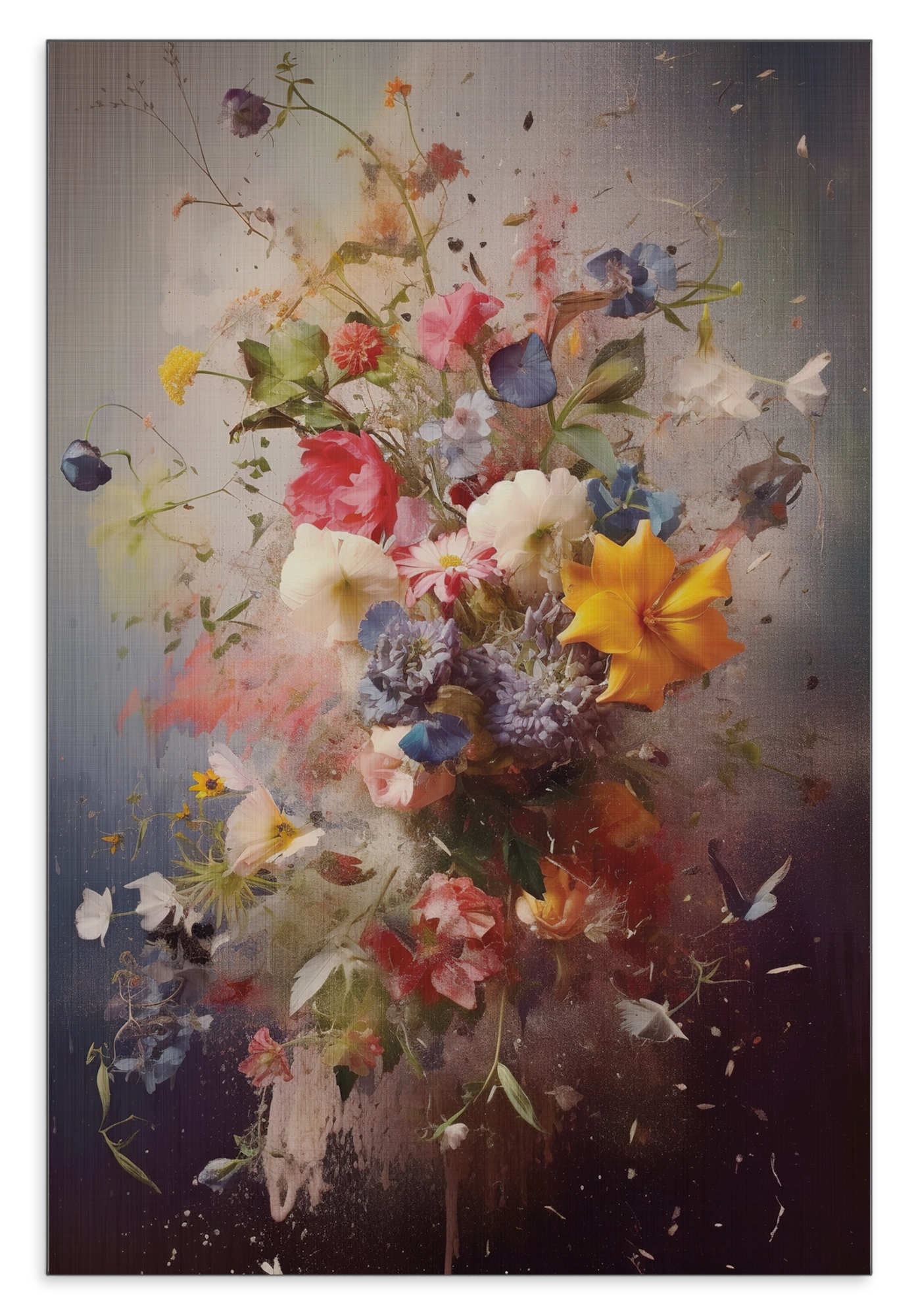 Aluminium Dibond schilderij Bloemen explosie: uitbundig boeket met kleurrijke bloemen en verfspatten.