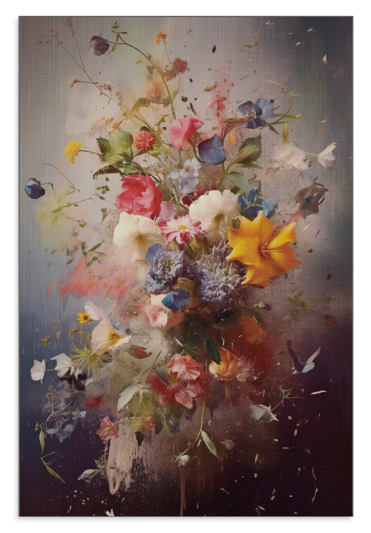 Aluminium Dibond schilderij Bloemen explosie: uitbundig boeket met kleurrijke bloemen en verfspatten.