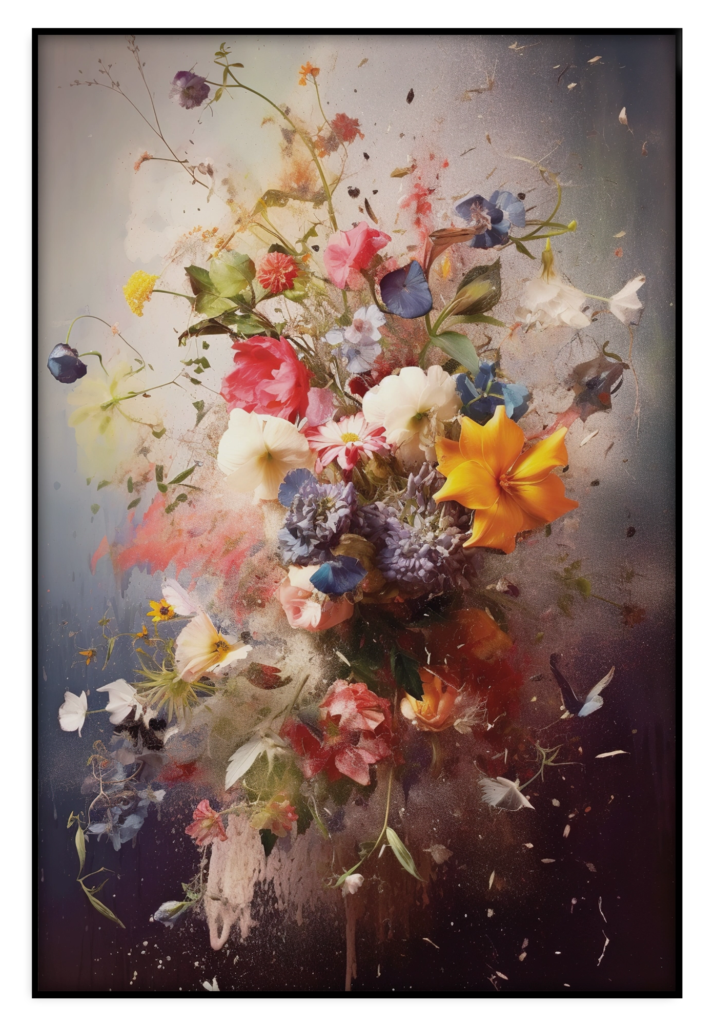 Artframe Bloemen explosie: uitbundig boeket met kleurrijke bloemen en verfspatten.