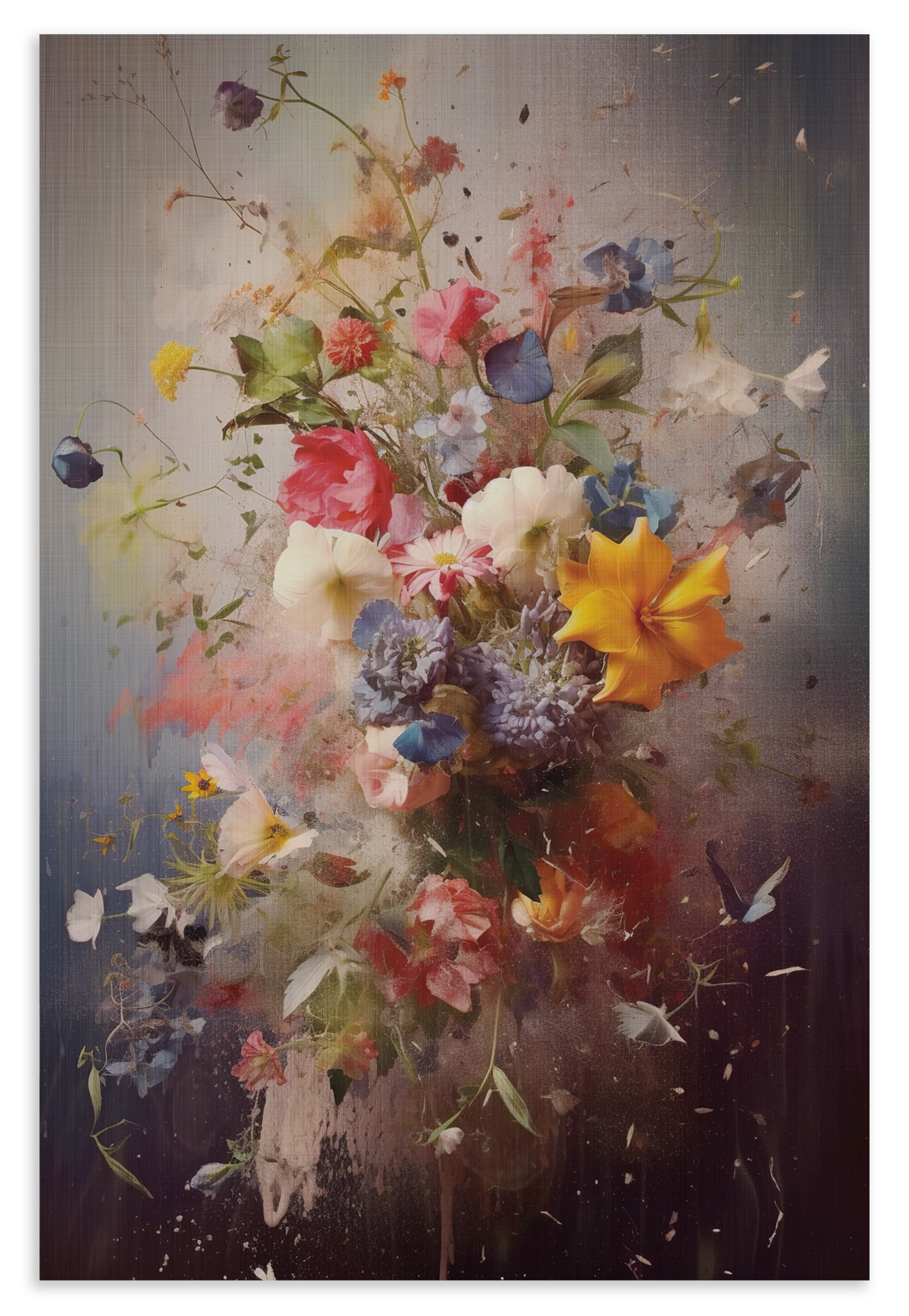 Houten wanddecoratie Bloemen explosie: uitbundig boeket met kleurrijke bloemen en verfspatten.