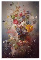Houten wanddecoratie Bloemen explosie: uitbundig boeket met kleurrijke bloemen en verfspatten.