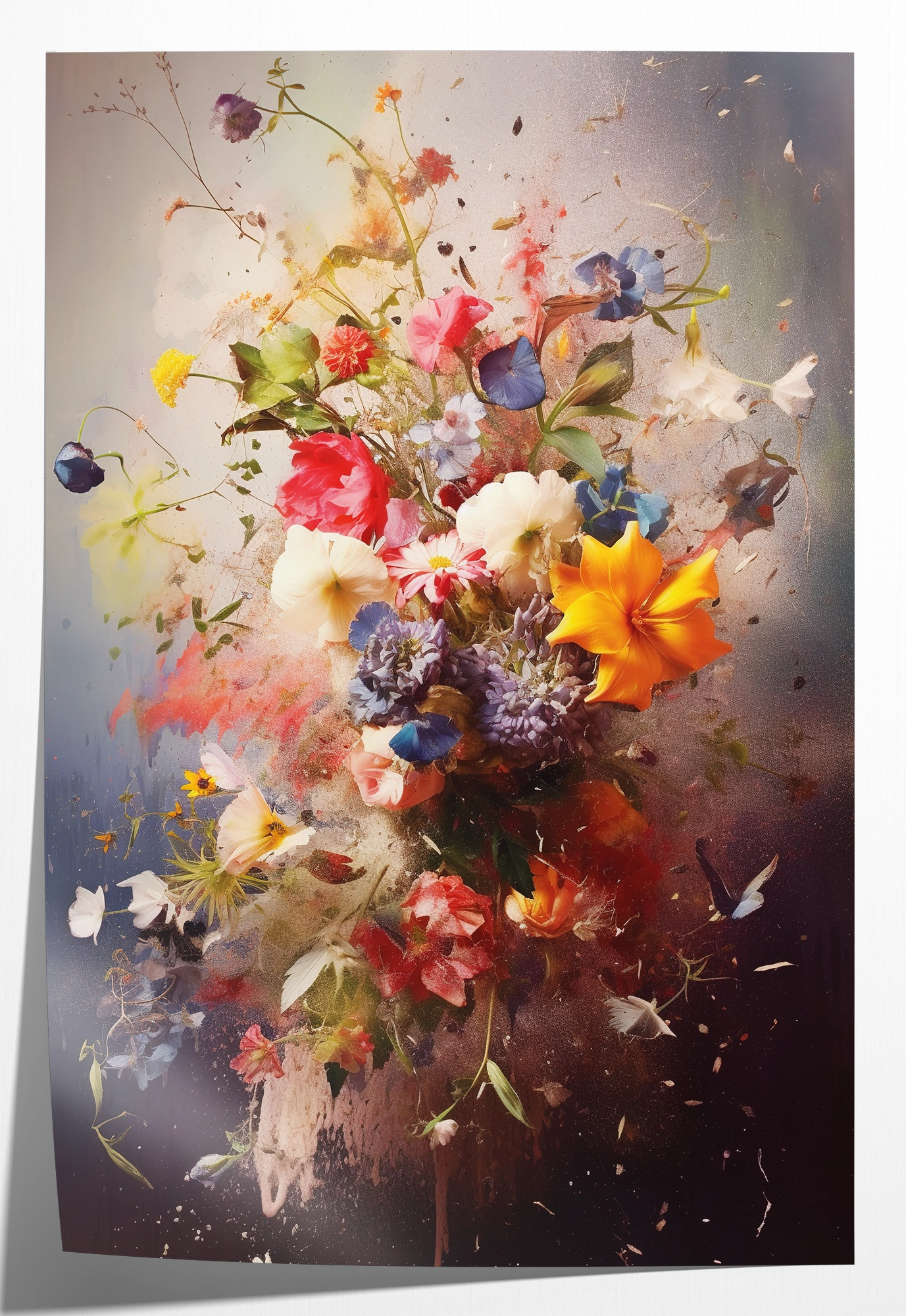 Papieren poster Bloemen explosie: uitbundig boeket met kleurrijke bloemen en verfspatten.