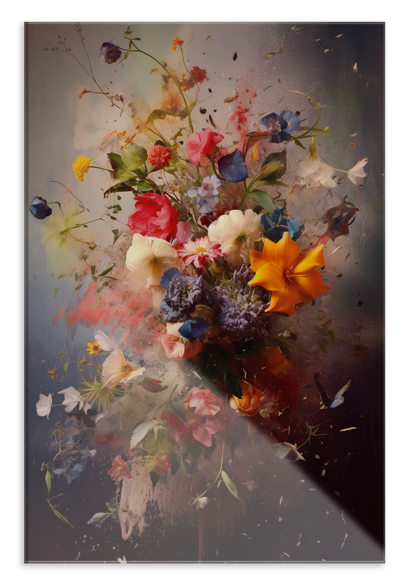 Plexiglas schilderij Bloemen explosie: uitbundig boeket met kleurrijke bloemen en verfspatten.