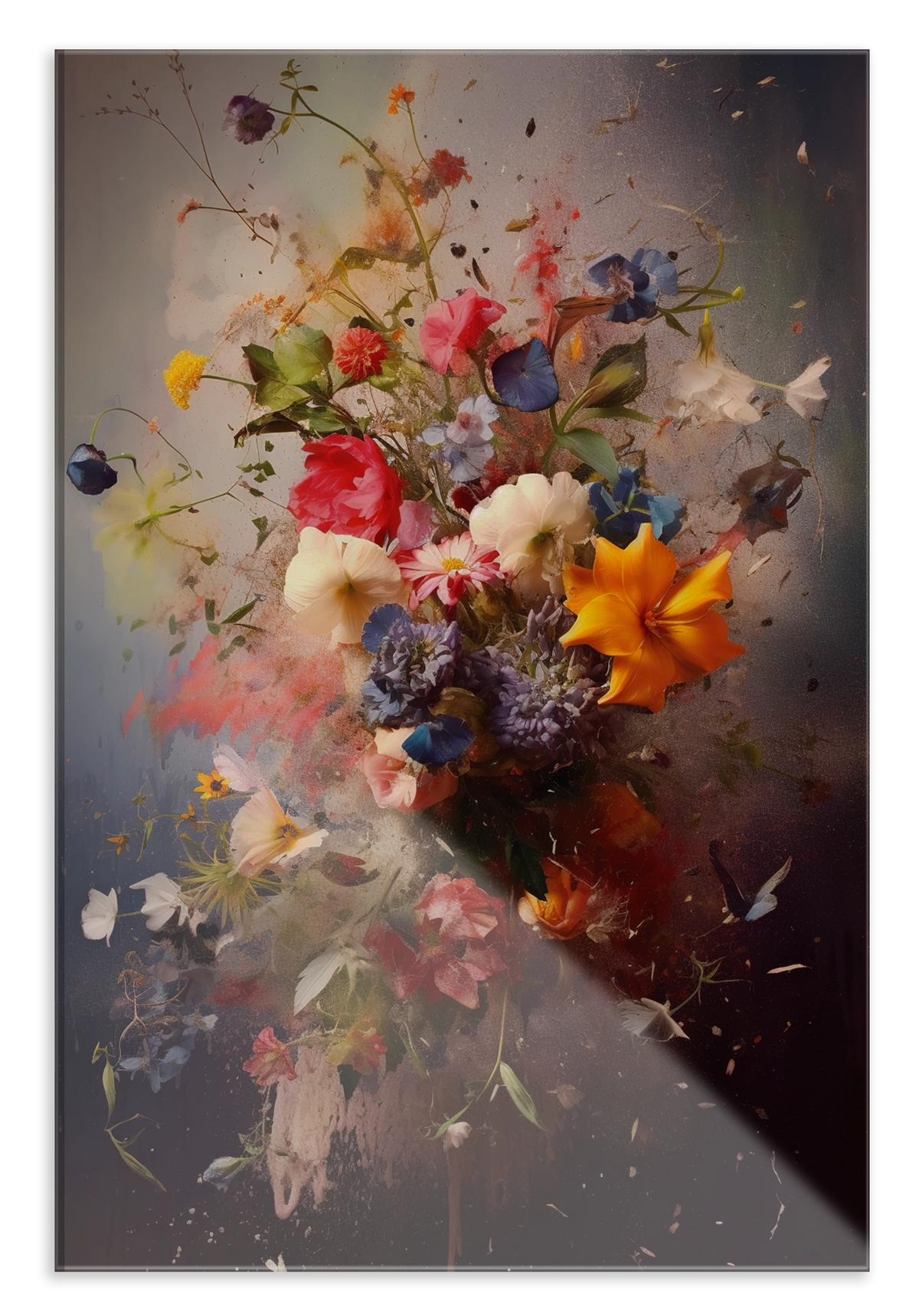 Plexiglas schilderij Bloemen explosie: uitbundig boeket met kleurrijke bloemen en verfspatten.