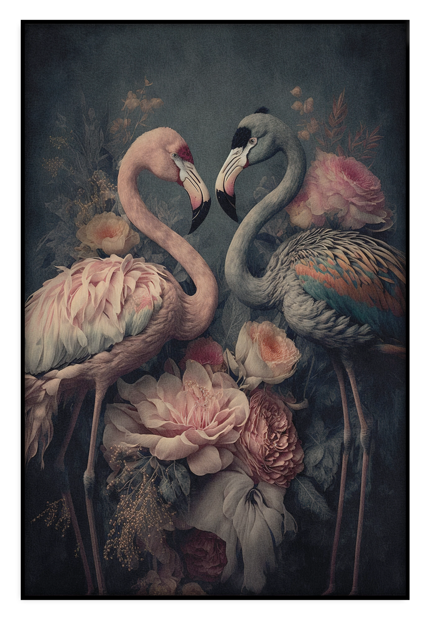 Akoestisch paneel Bloemen Flamingo's: twee flamingo’s tussen roze bloemen tegen een donkere achtergrond.