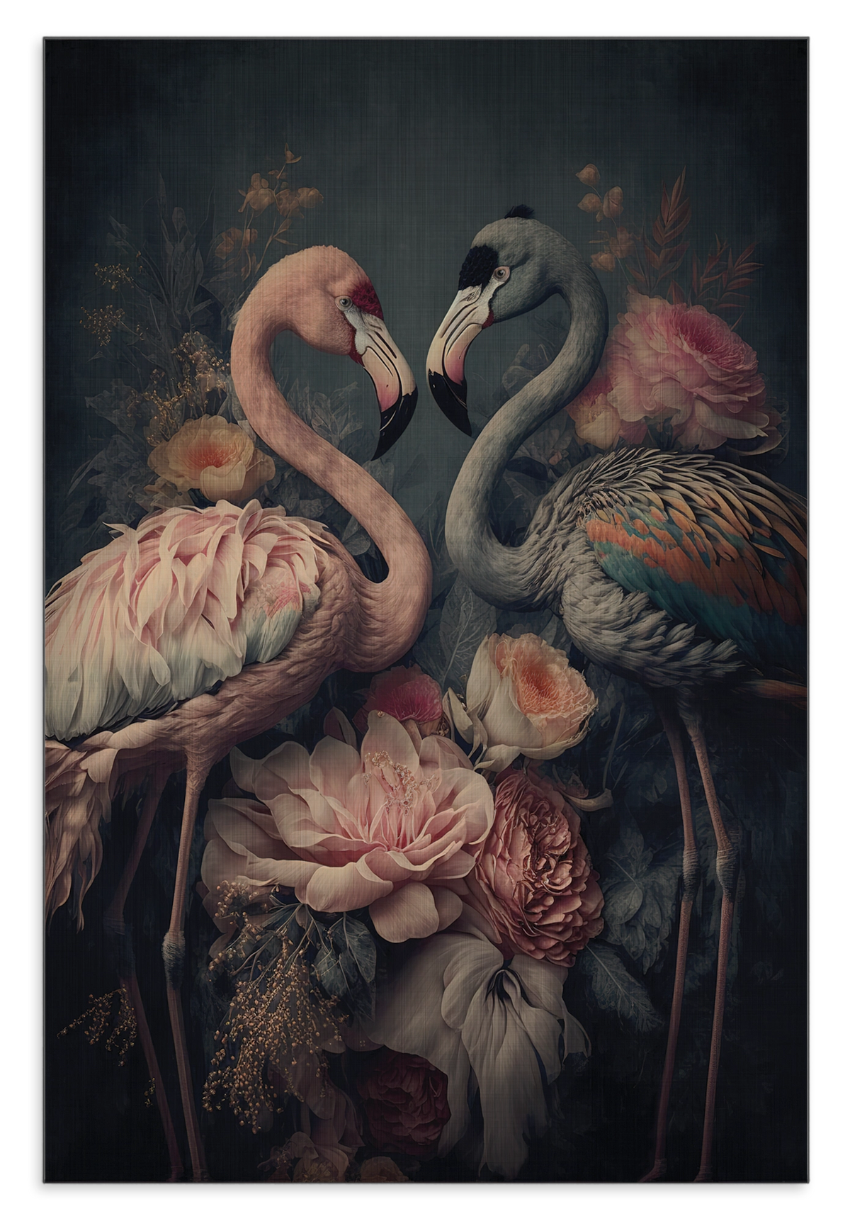 Aluminium Dibond schilderij Bloemen Flamingo's: twee flamingo’s tussen roze bloemen tegen een donkere achtergrond.