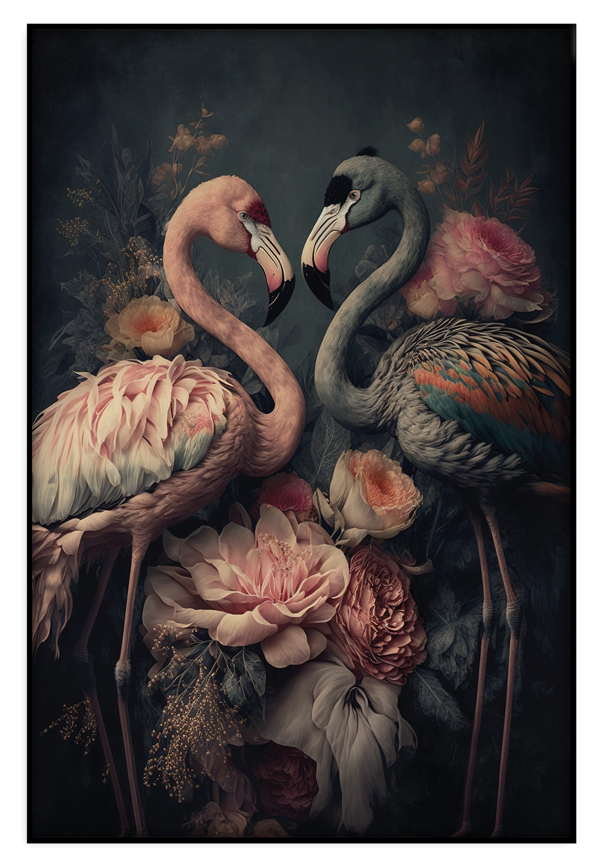 Artframe Bloemen Flamingo's: twee flamingo’s tussen roze bloemen tegen een donkere achtergrond.