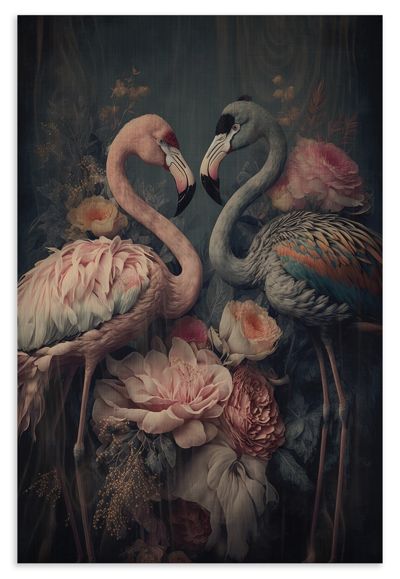 Houten wanddecoratie Bloemen Flamingo's: twee flamingo’s tussen roze bloemen tegen een donkere achtergrond.