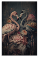 Houten wanddecoratie Bloemen Flamingo's: twee flamingo’s tussen roze bloemen tegen een donkere achtergrond.