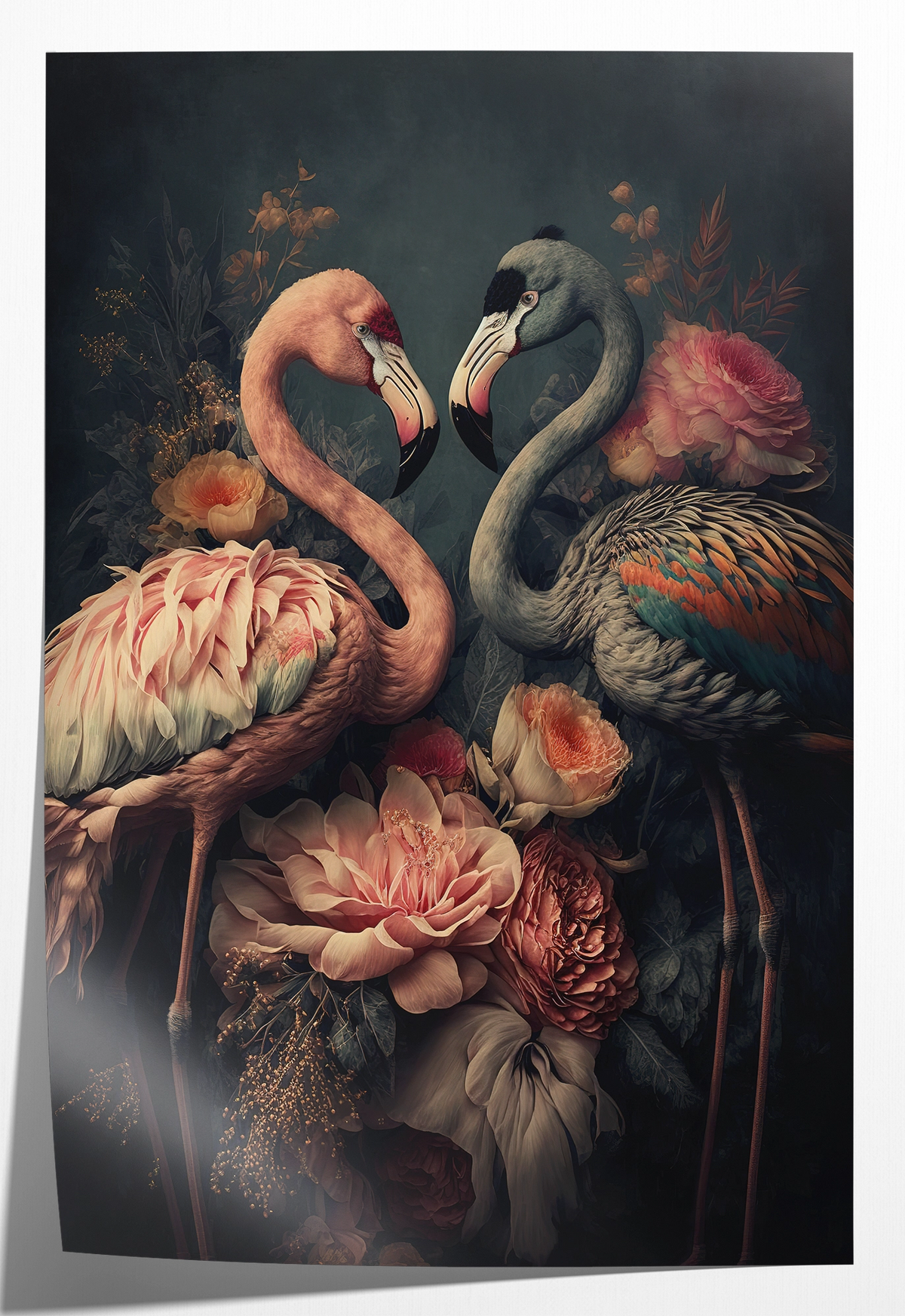 Papieren poster Bloemen Flamingo's: twee flamingo’s tussen roze bloemen tegen een donkere achtergrond.