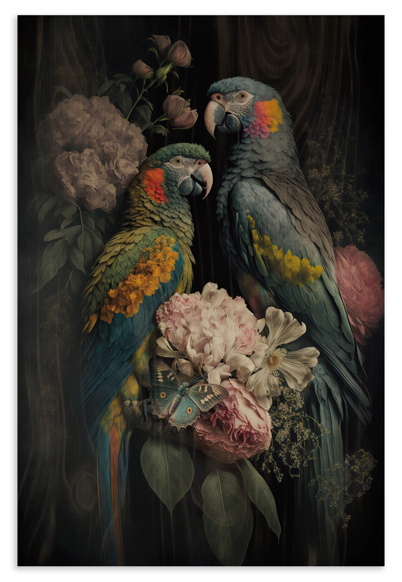 Houten wanddecoratie Bloemen Papegaaien 2: twee papegaaien tussen roze bloemen tegen een donkere achtergrond.