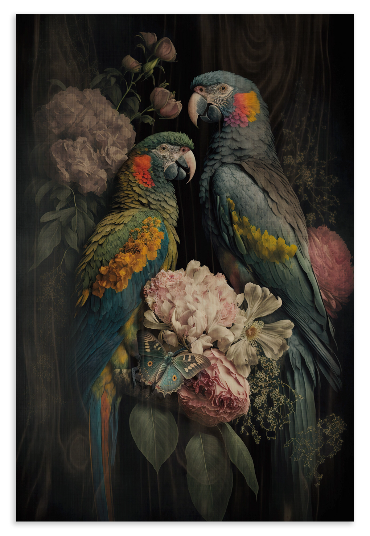 Houten wanddecoratie Bloemen Papegaaien 2: twee papegaaien tussen roze bloemen tegen een donkere achtergrond.