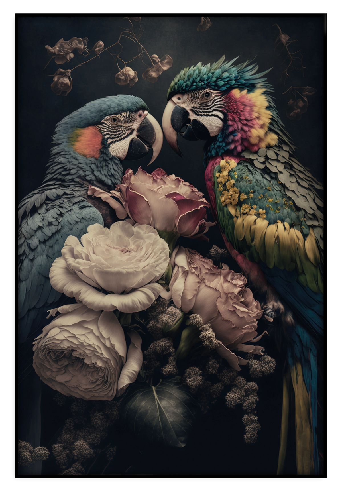 Artframe Bloemen Papegaaien: twee kleurrijke papegaaien tussen grote roze en witte bloemen.