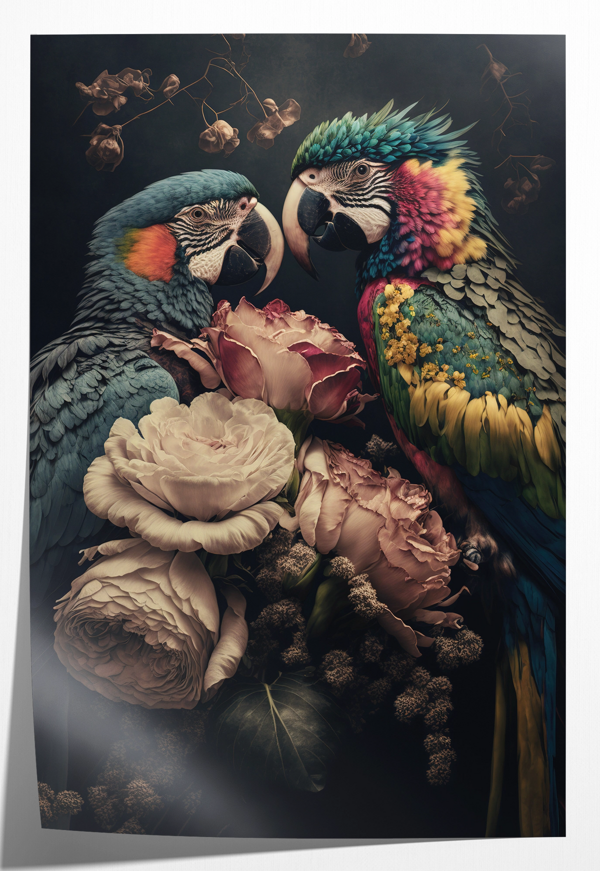 Papieren poster Bloemen Papegaaien: twee kleurrijke papegaaien tussen grote roze en witte bloemen.