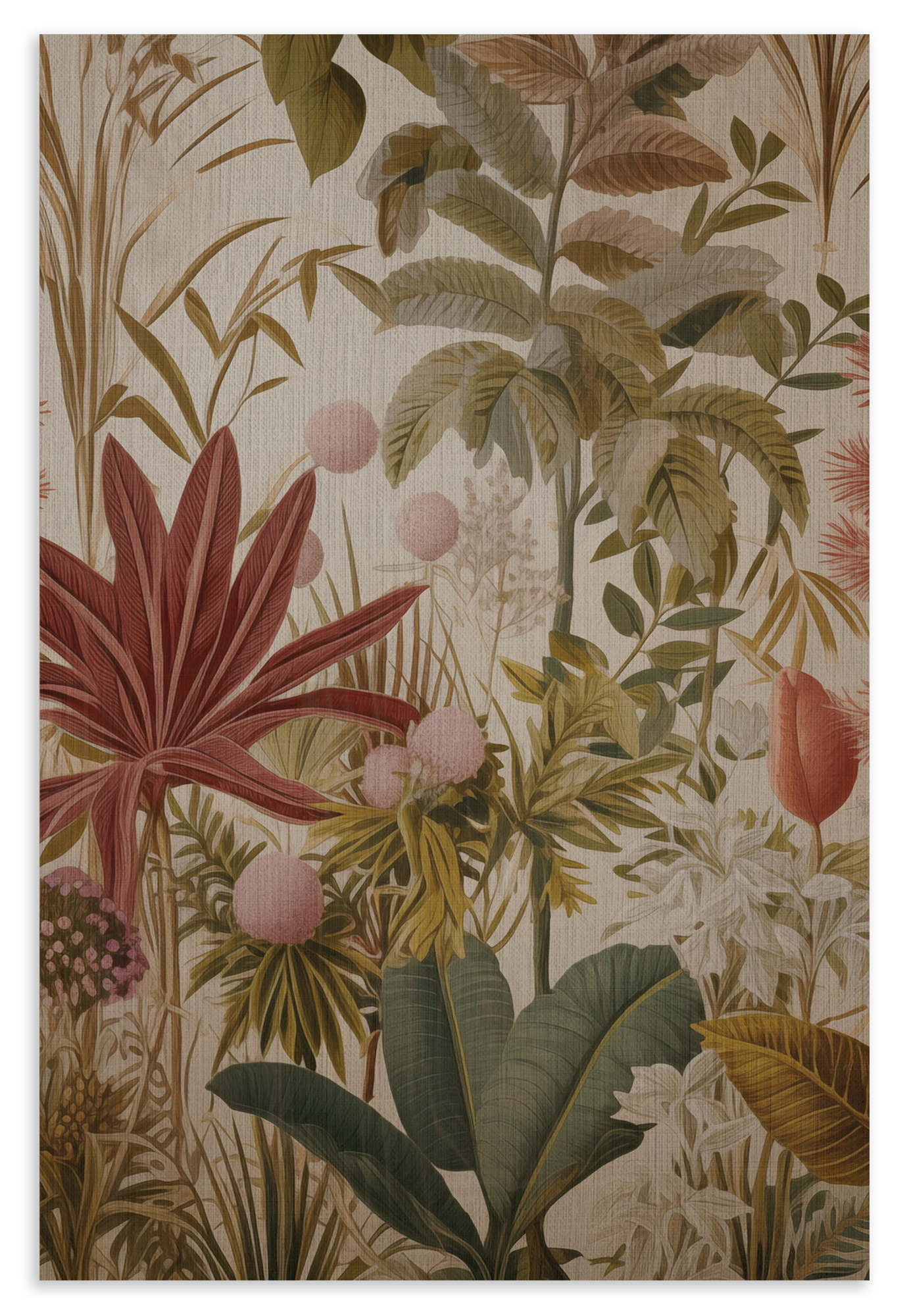 Houten wanddecoratie Bloemen: tropische planten en bloemen in zachte aardetinten.