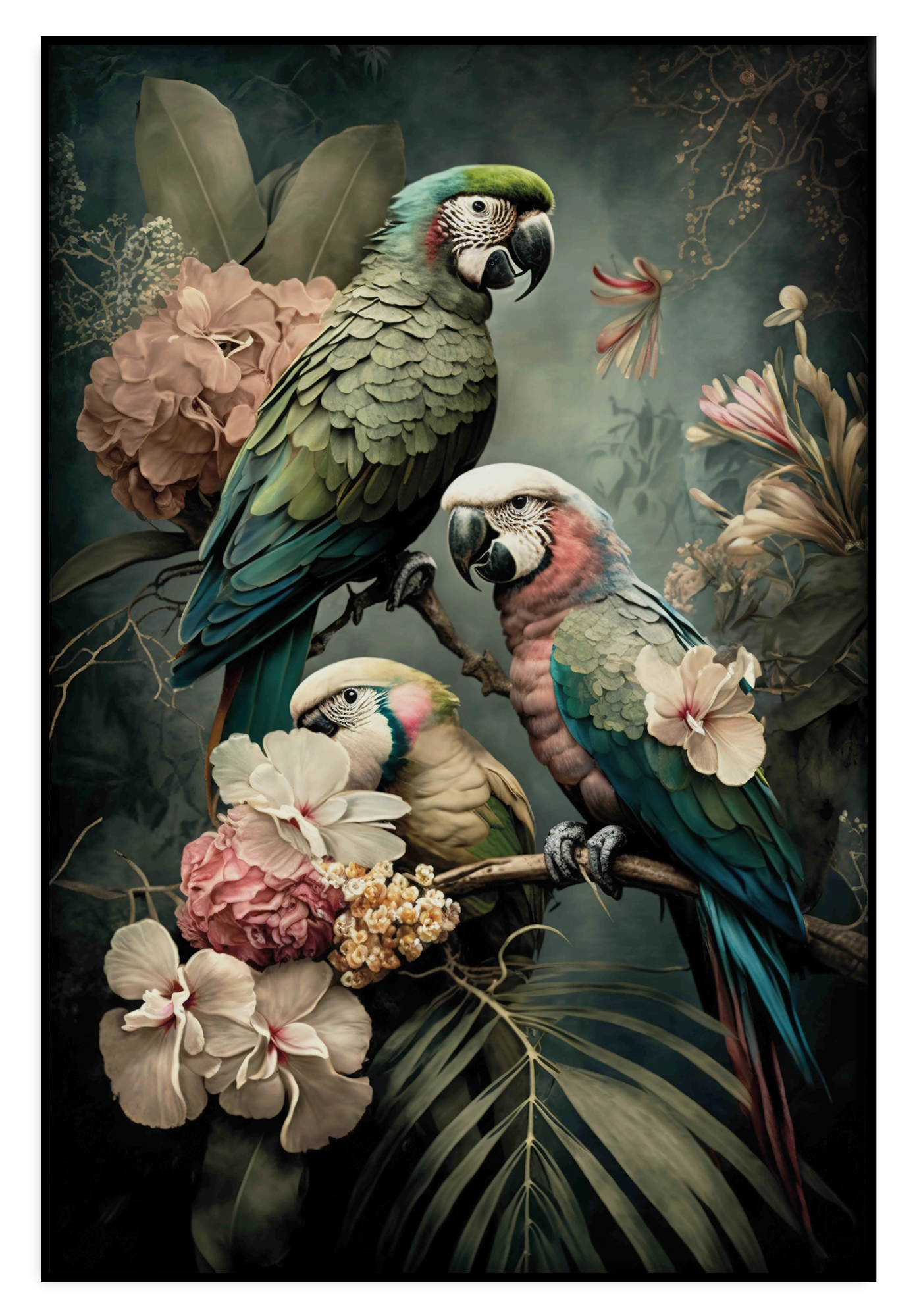 Artframe Bloemen Papegaaien 3: drie papegaaien tussen roze en witte bloemen en tropische bladeren.