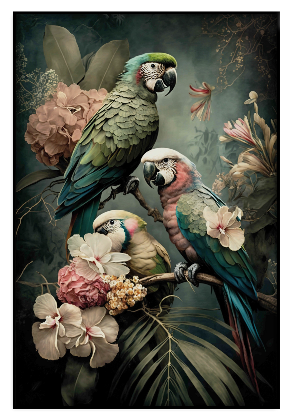 Artframe Bloemen Papegaaien 3: drie papegaaien tussen roze en witte bloemen en tropische bladeren.
