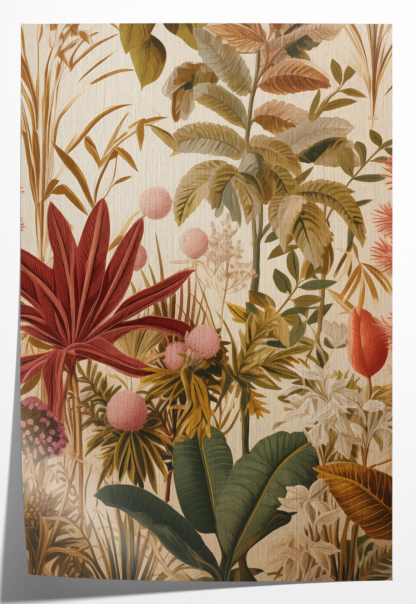 Papieren poster Bloemen: tropische planten en bloemen in zachte aardetinten.