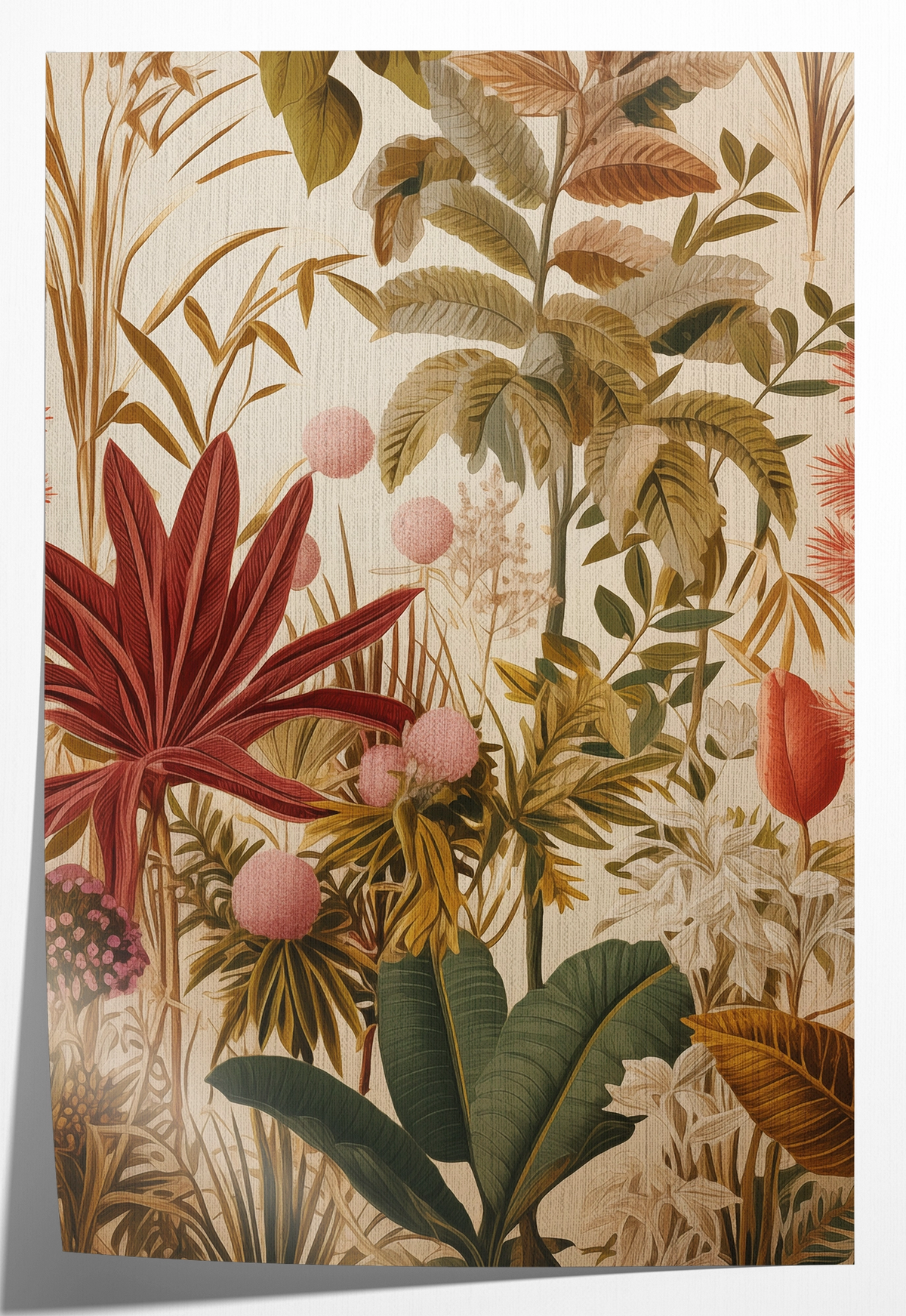 Papieren poster Bloemen: tropische planten en bloemen in zachte aardetinten.