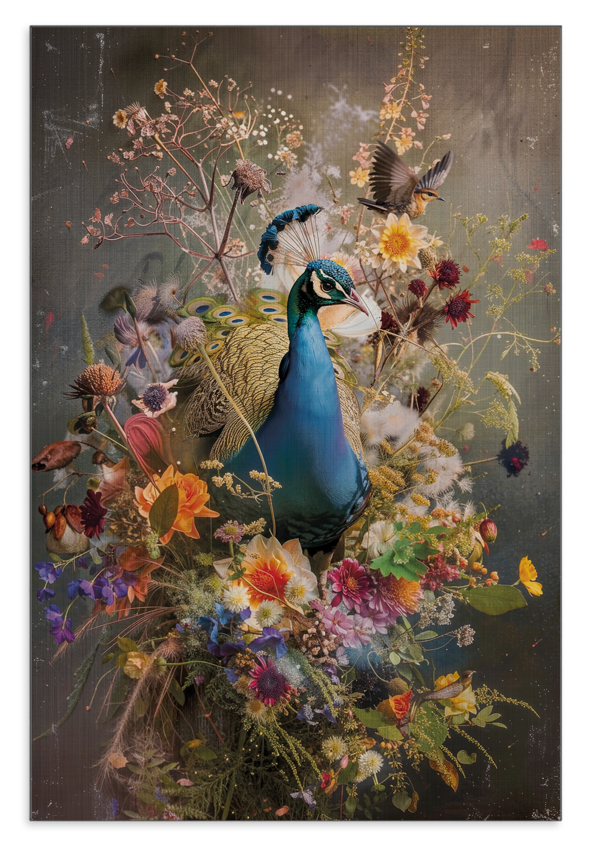 Aluminium Dibond schilderij Bloemen Pauw: blauwe pauw tussen kleurrijke bloemen en vlinders.