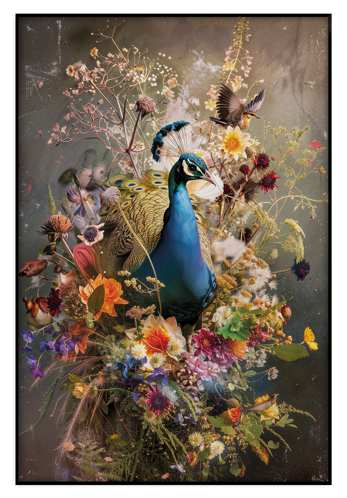 Artframe Bloemen Pauw: blauwe pauw tussen kleurrijke bloemen en vlinders.